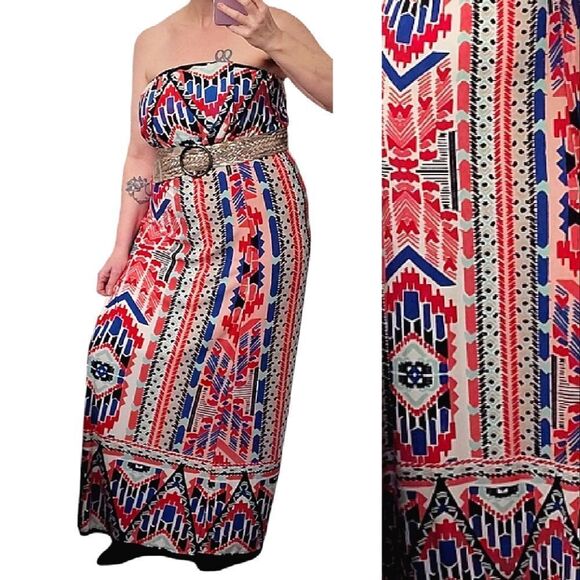 Trixxi Colorful Aztec Printed Strapless Maxi Tube Dress Size Large - Picture 1 of 10